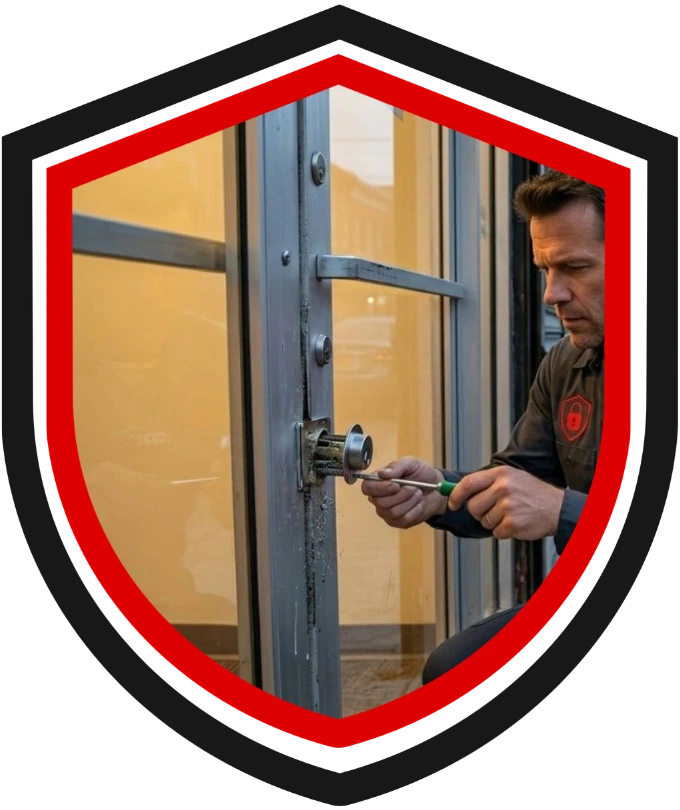 locksmith performing emergency lock change on storefront door inside shield banner for urgent lock replacement