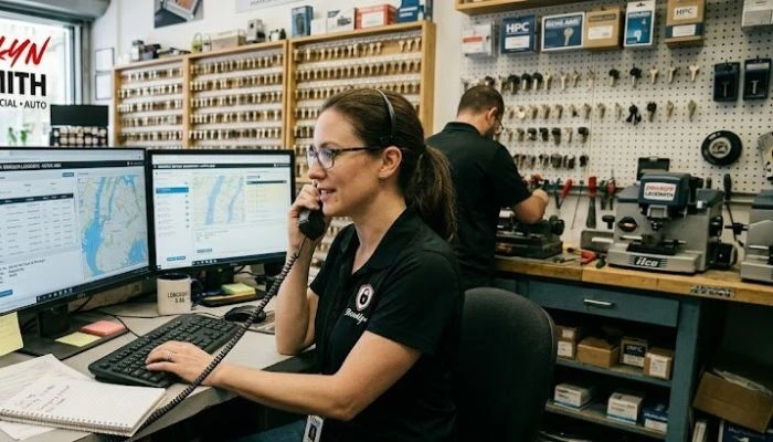 locksmith dispatch operator answering phone in office with key wall and technician workspace in background