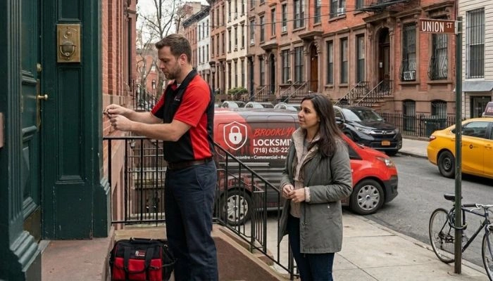 Locksmith unlocking residential door in Brooklyn while homeowner waits outside townhouse