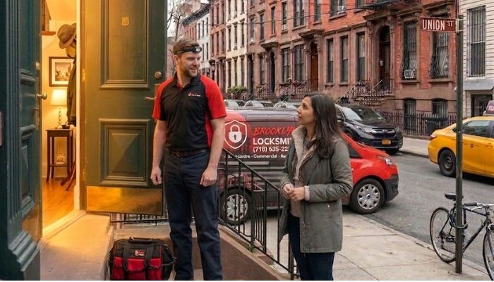 Locksmith completing house lockout service in Brooklyn as homeowner regains access to home